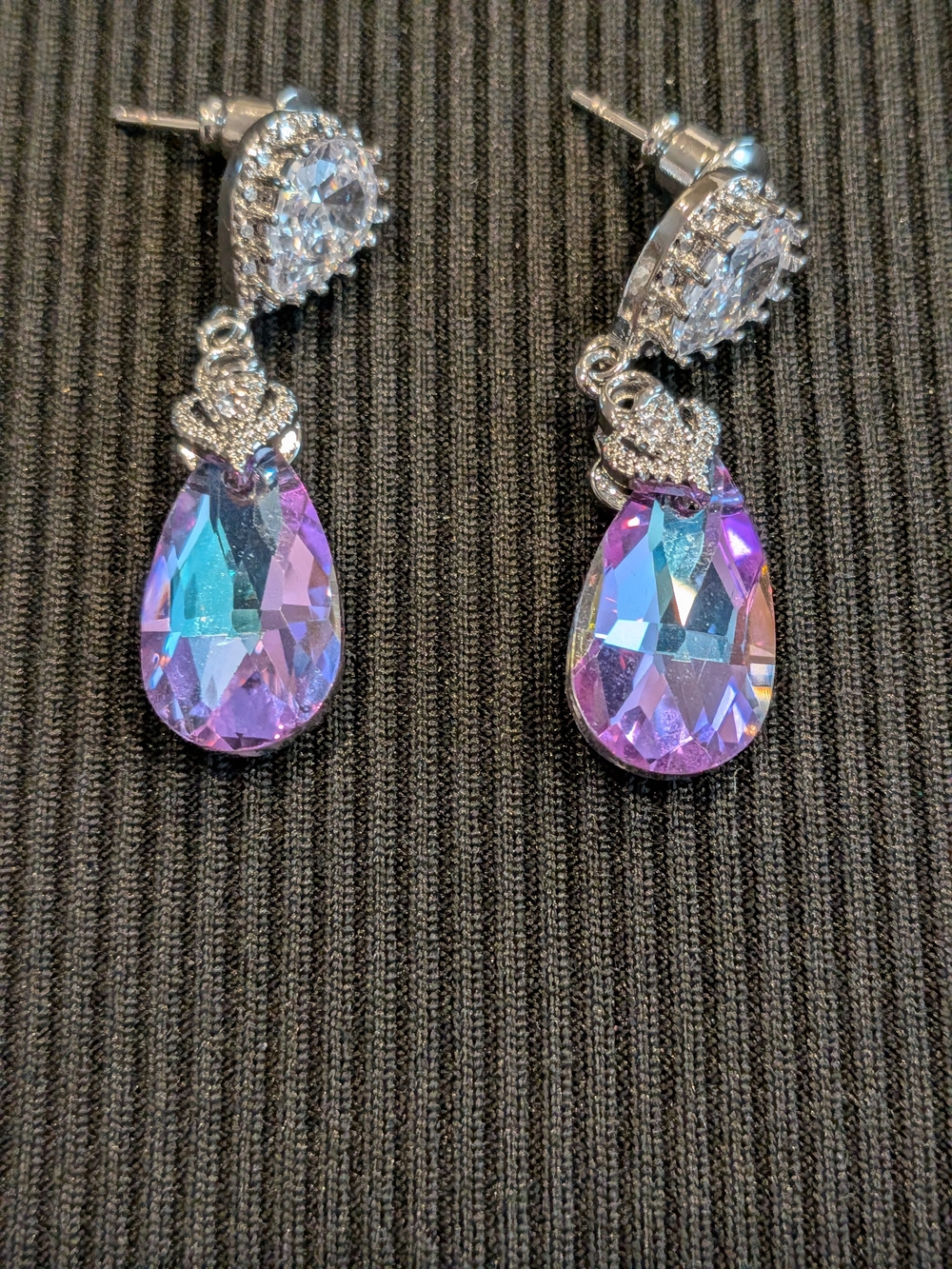 B#5: Silver Tone Teardrop Aurora Borealis Crystal Drop Earrings - Violet Blue
